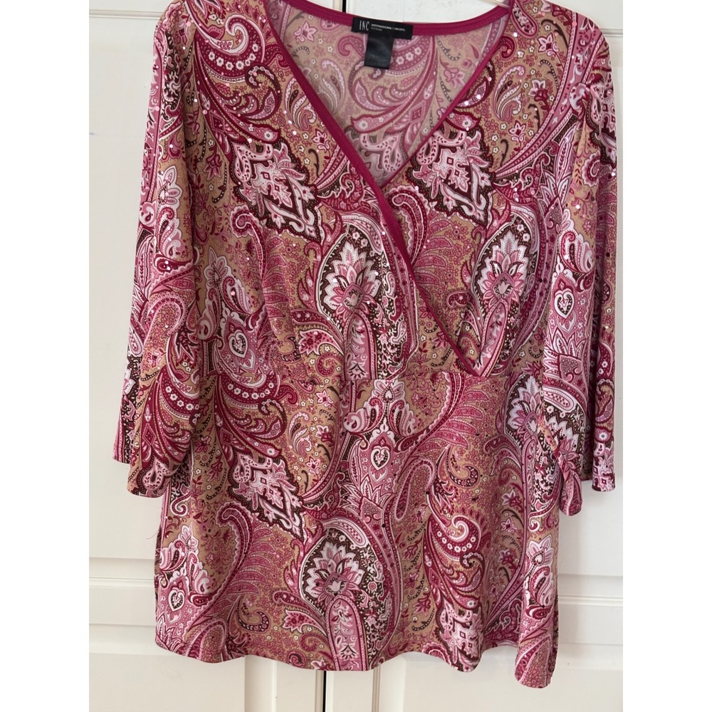 INC International Concepts Woman Pink Paisley Sequin V-Neck Faux Wrap Top XL